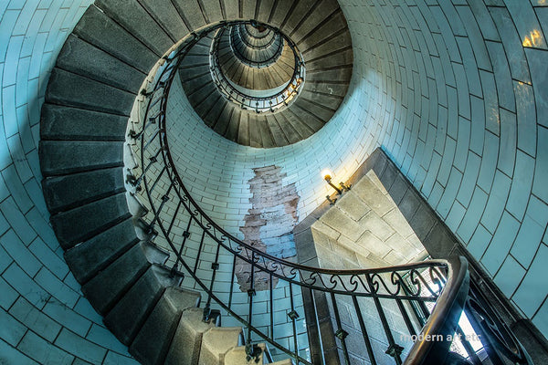 Architectural Interiors -  Blue Lighthouse Spiral Stairs - Large photography - Framed - Installation ready