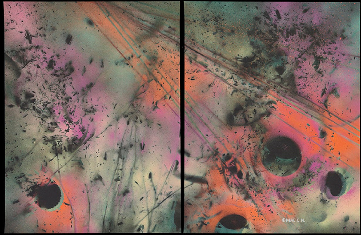 Orange Rays - spray paint on black paper